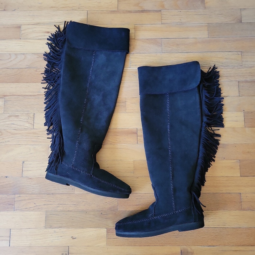 Minnetonka Over The Knee Fringed Suede Boots 8 Black Boho Cowgirl Hippie Western